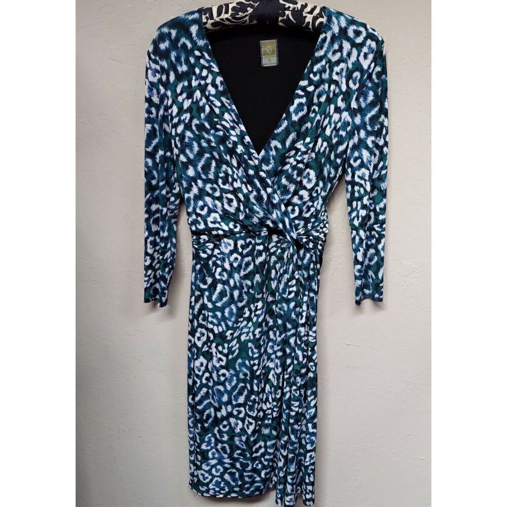 Anne Klein Women’s Size 4 Faux Wrap Side Twist Dress Blue Surplice Animal Print